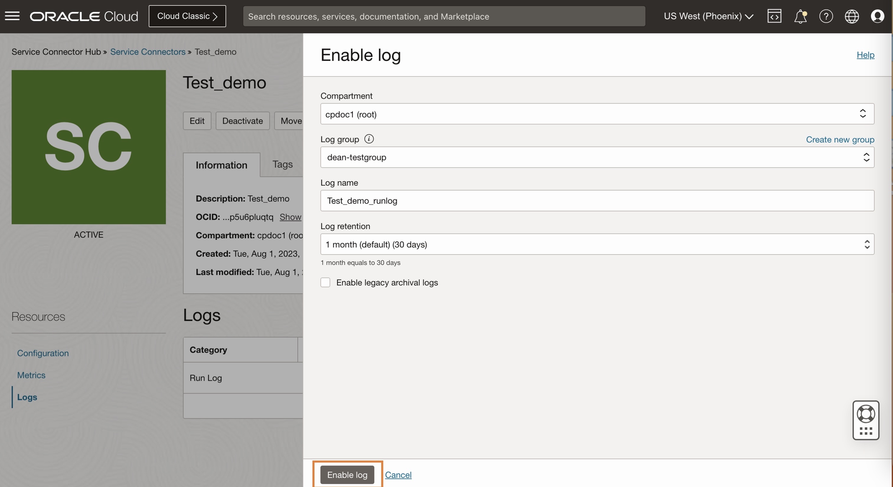 A screenshot of the Enable log window with the fields filled in and the Enable log button outlined in orange.