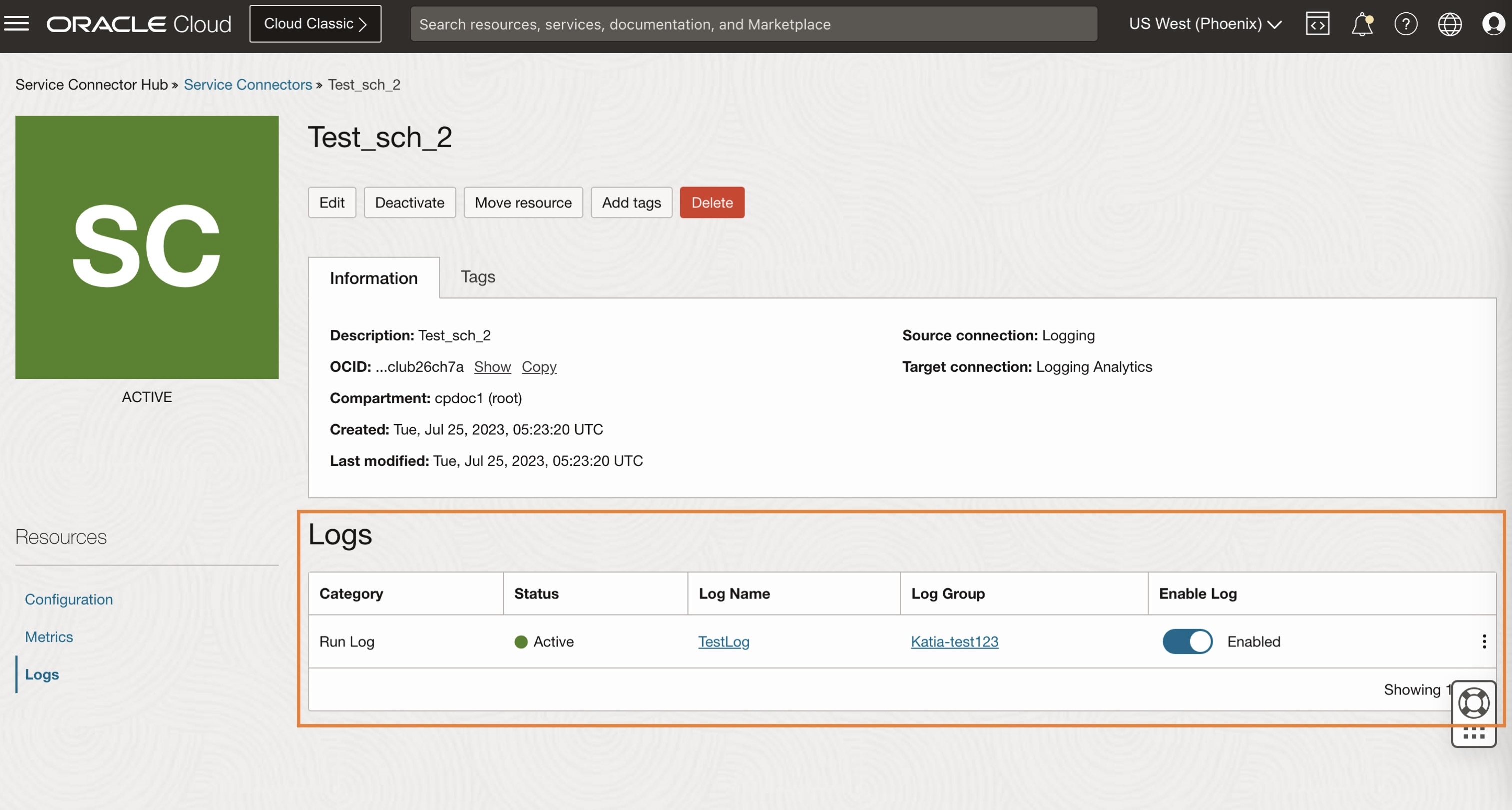 A screenshot of the Oracle Cloud Console with the enabled logs outlined in orange.