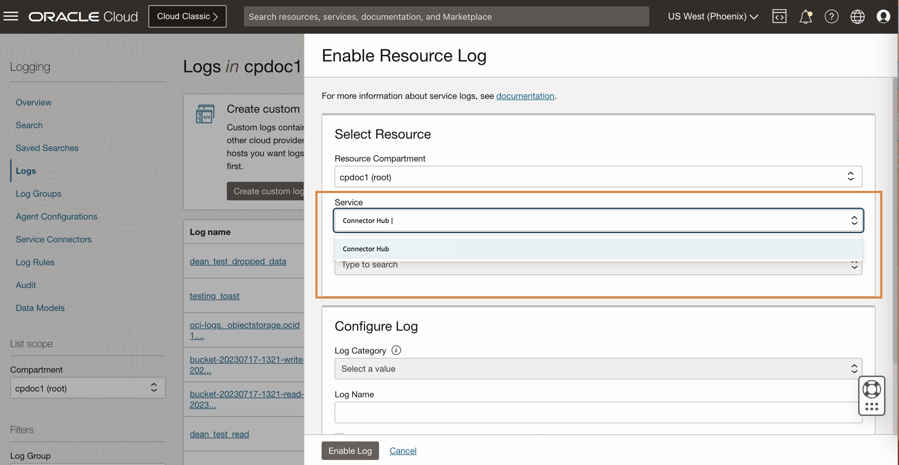 Enable logs from Logging screen