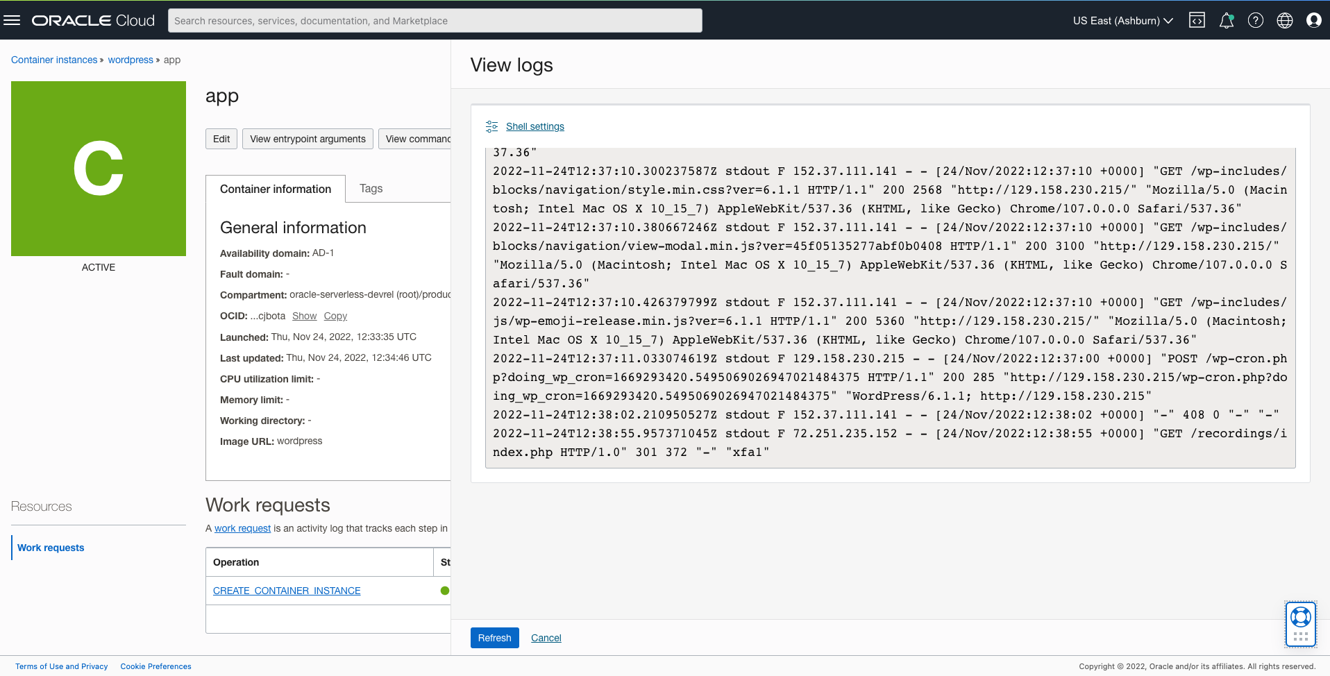  A screenshot of the View Logs page in the Container Instances workspace.