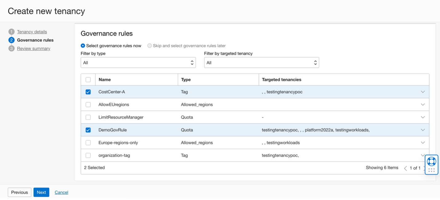 A screenshot of the Create New Tenancy page on the Governance Rules tab.