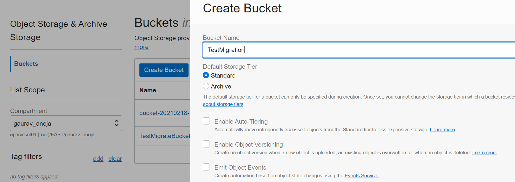 A screenshot of the Create Bucket window with details filled in and selected.