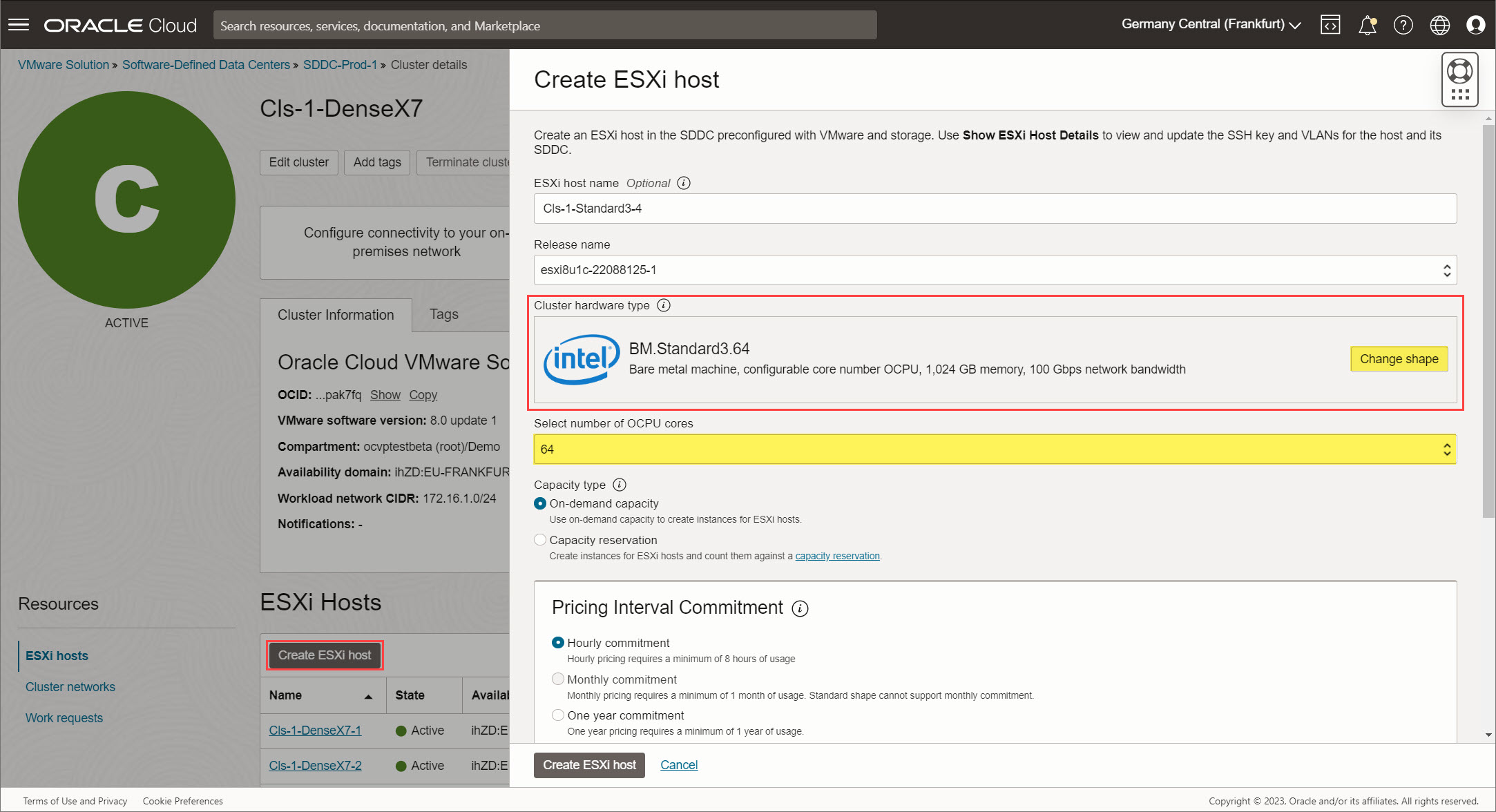 A screenshot of the Create ESXi host window, showing the Create ESXi Host workflow with the cluster hardware type outlined in red and the number of cores highlighted.