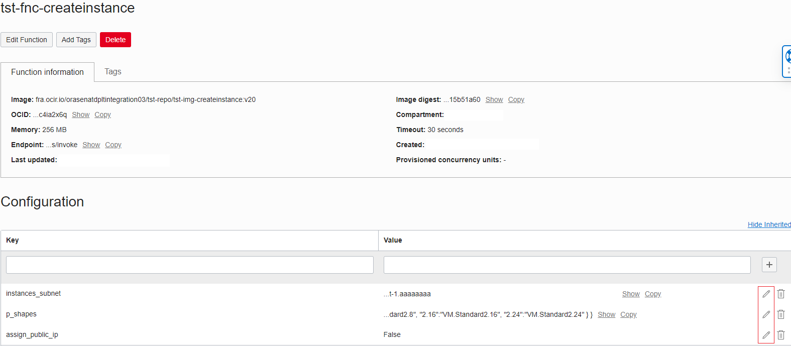 A screenshot of the details of the configuration for the created instance function.