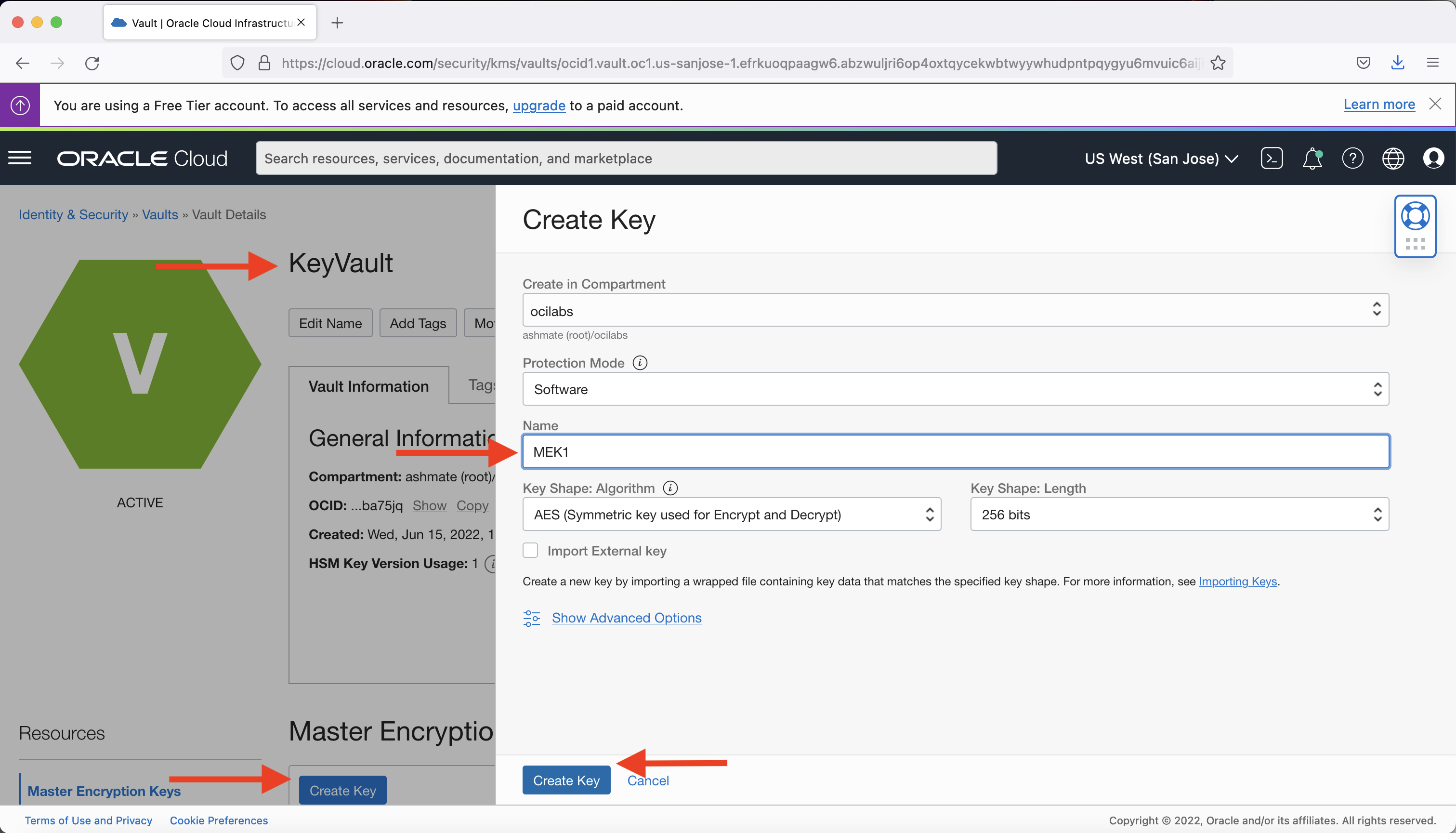 A screenshot of the Create Key window with red arrows point to the name of the vault, the Create Key buttons, and the name of the key.
