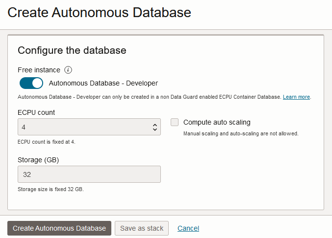 Create Autonomous Database for Developers instance