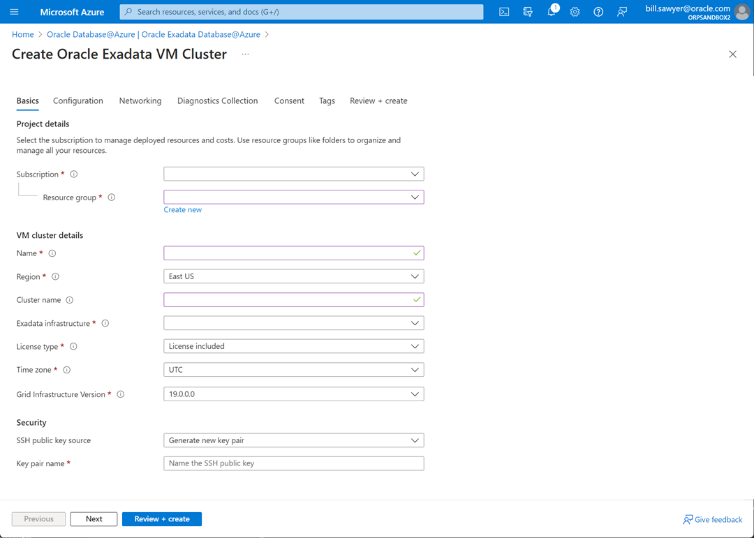 Oracle Exadata VM cluster creation screen.