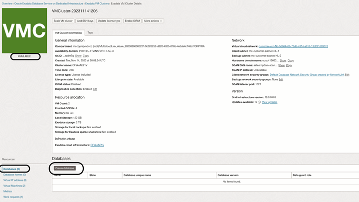 xadata VM cluster details in the Oracle Cloud Console.