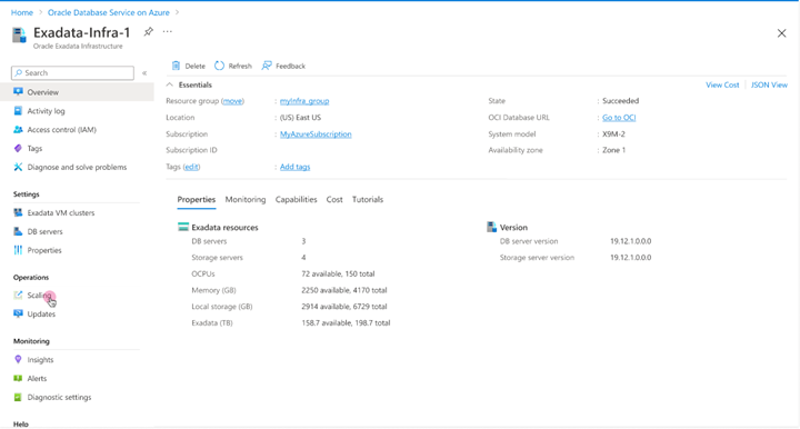 The details of an example Oracle Exadata Infrastructure in Azure.
