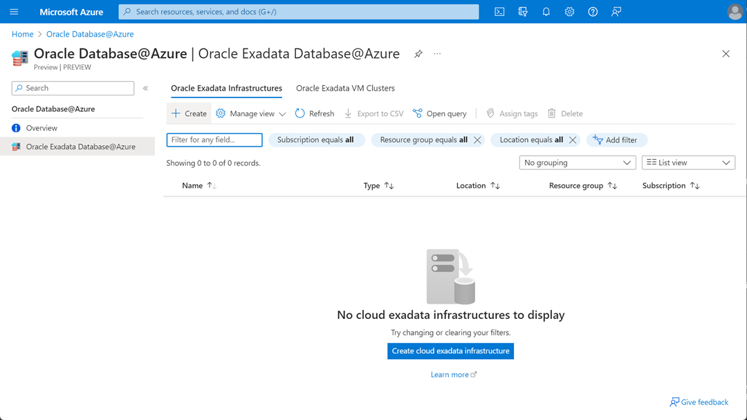 Search results for cloud exadata infrastructures in Azure.