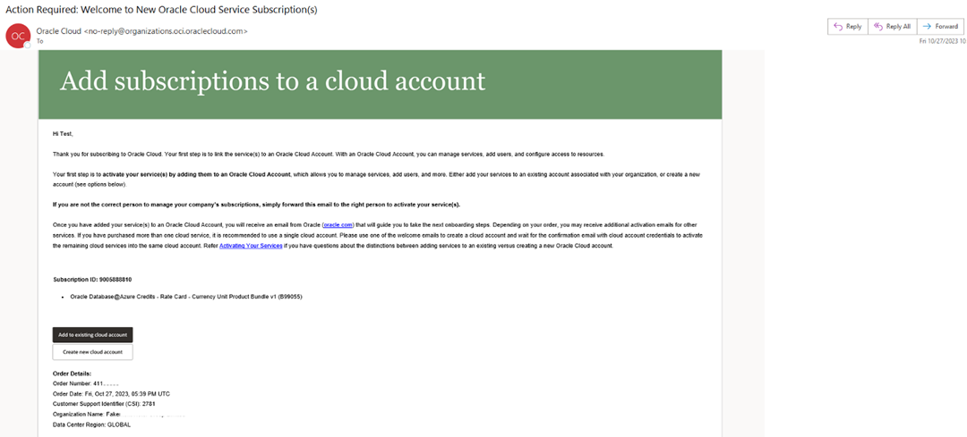 An example welcome email with links to add subscriptions to a cloud account.