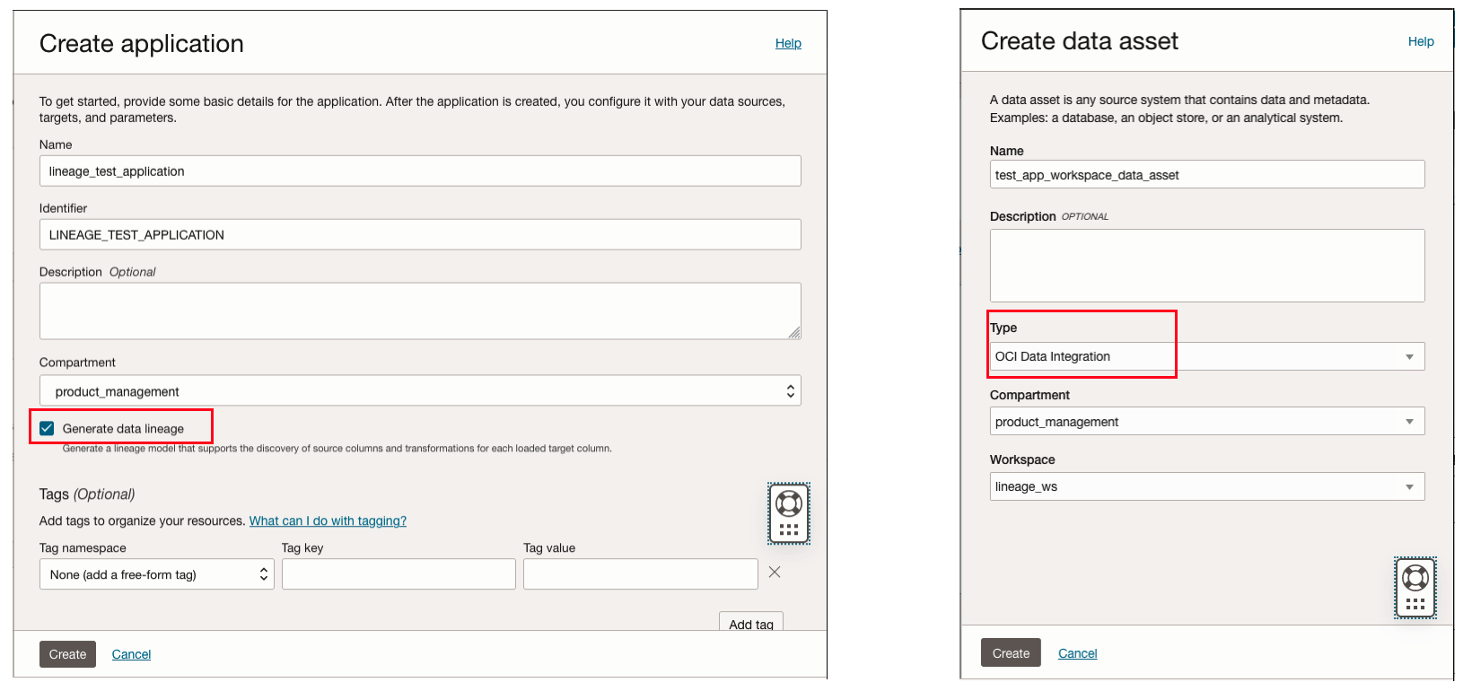 A screenshot of the create application and creat data asset windows showing the configurations for data lineage.