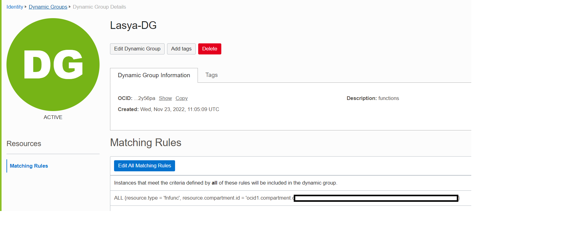 A screenshot of the Dynamic Group Details page in the Oracle Cloud Console.