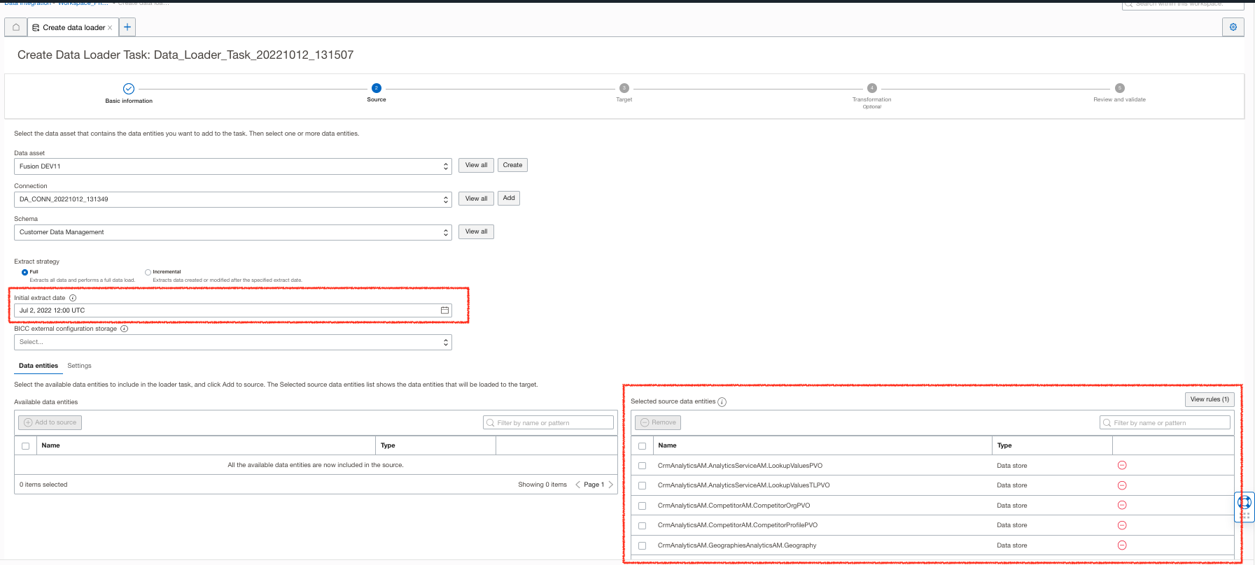 A screenshot of the Create Data Loader Task screens with the initial extract date and source data entities outlined in red.