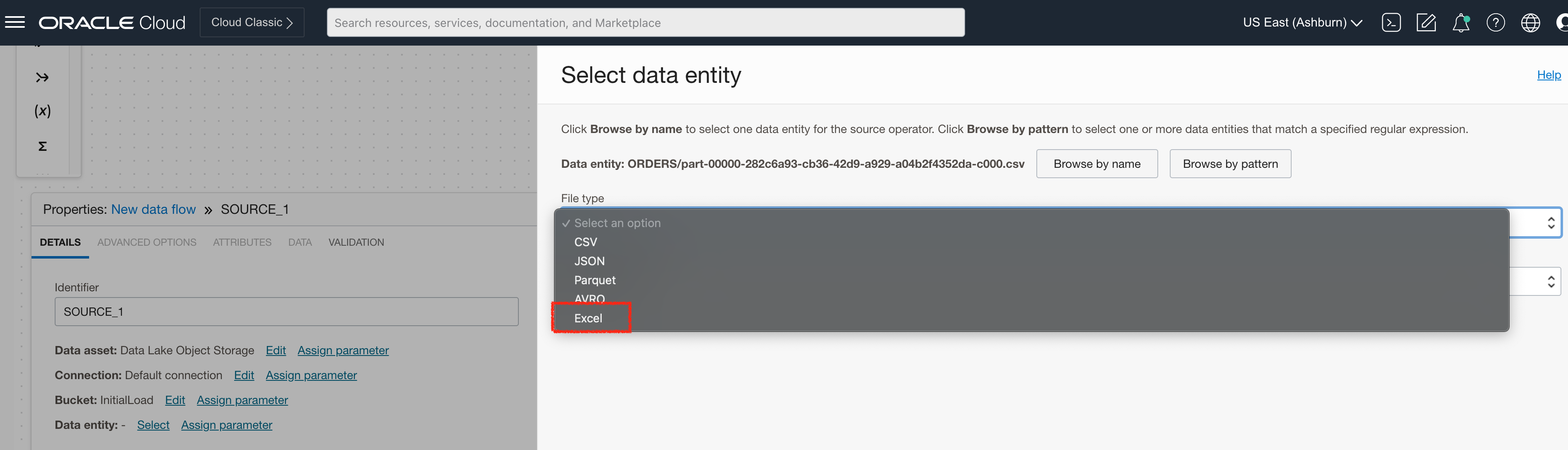A screenshot of the Select Data Entity window showing the option to use Excel in OCI Object Storage.