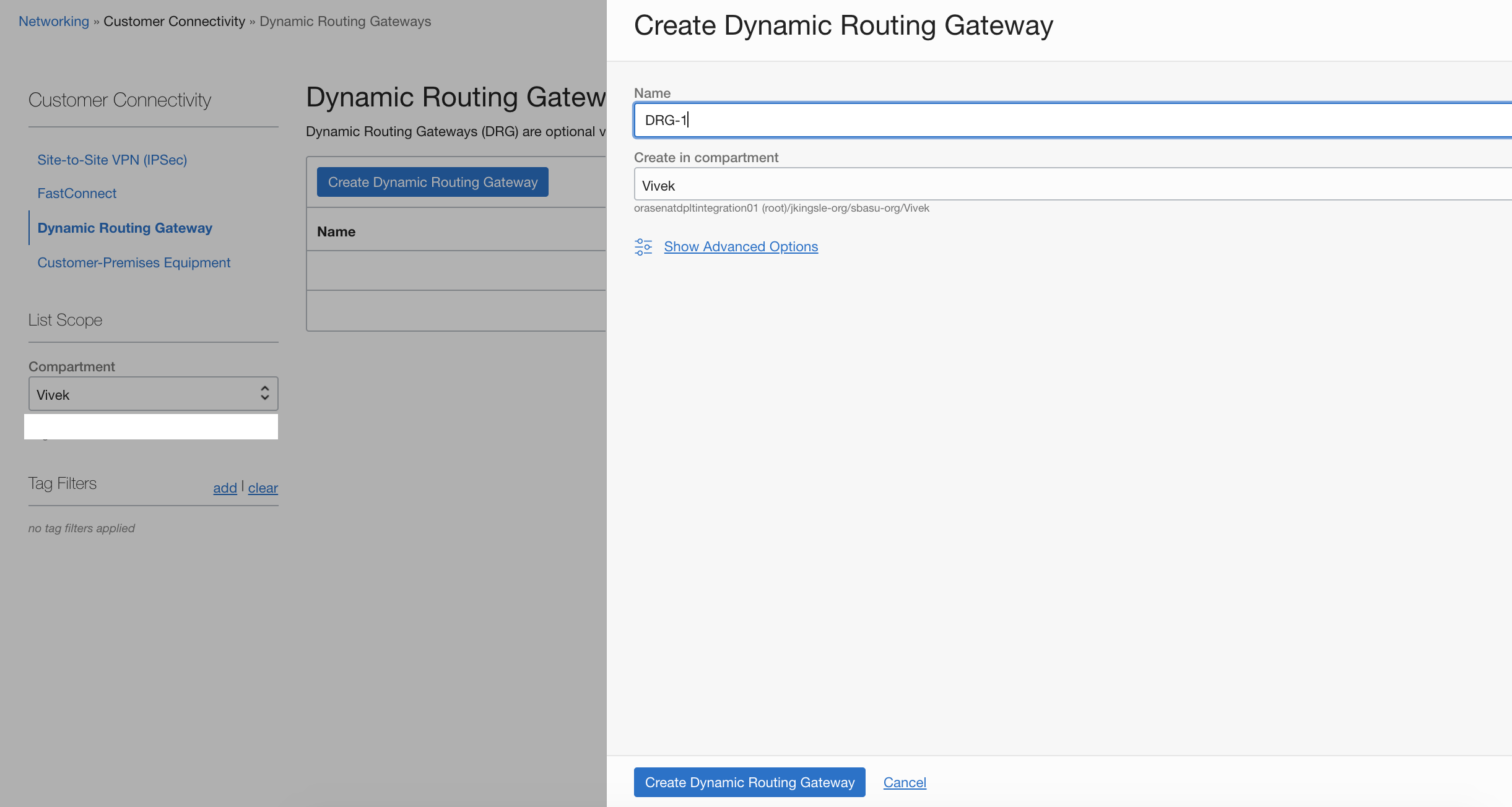A screenshot of the Create Dynamic Routing Gateway window in the Console.