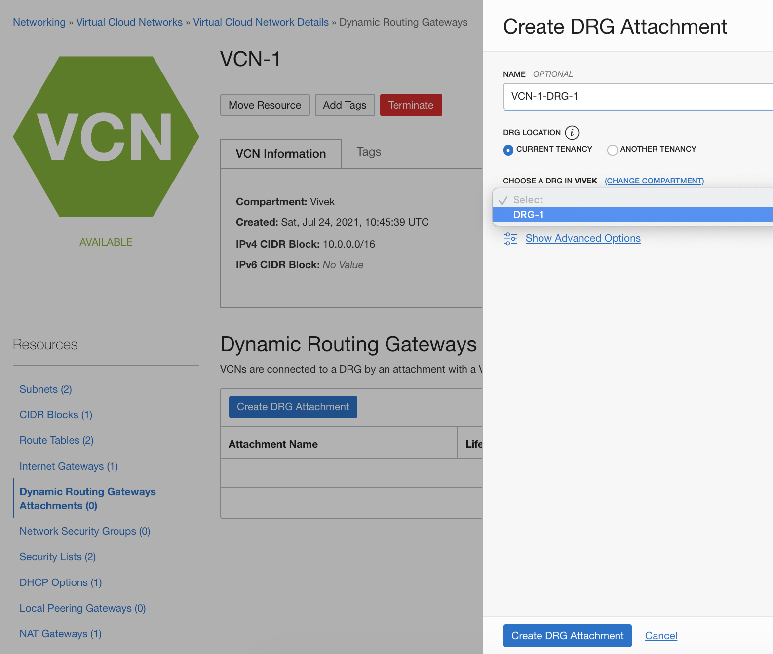 A screenshot of the Create DRG Attachment window in the Console.