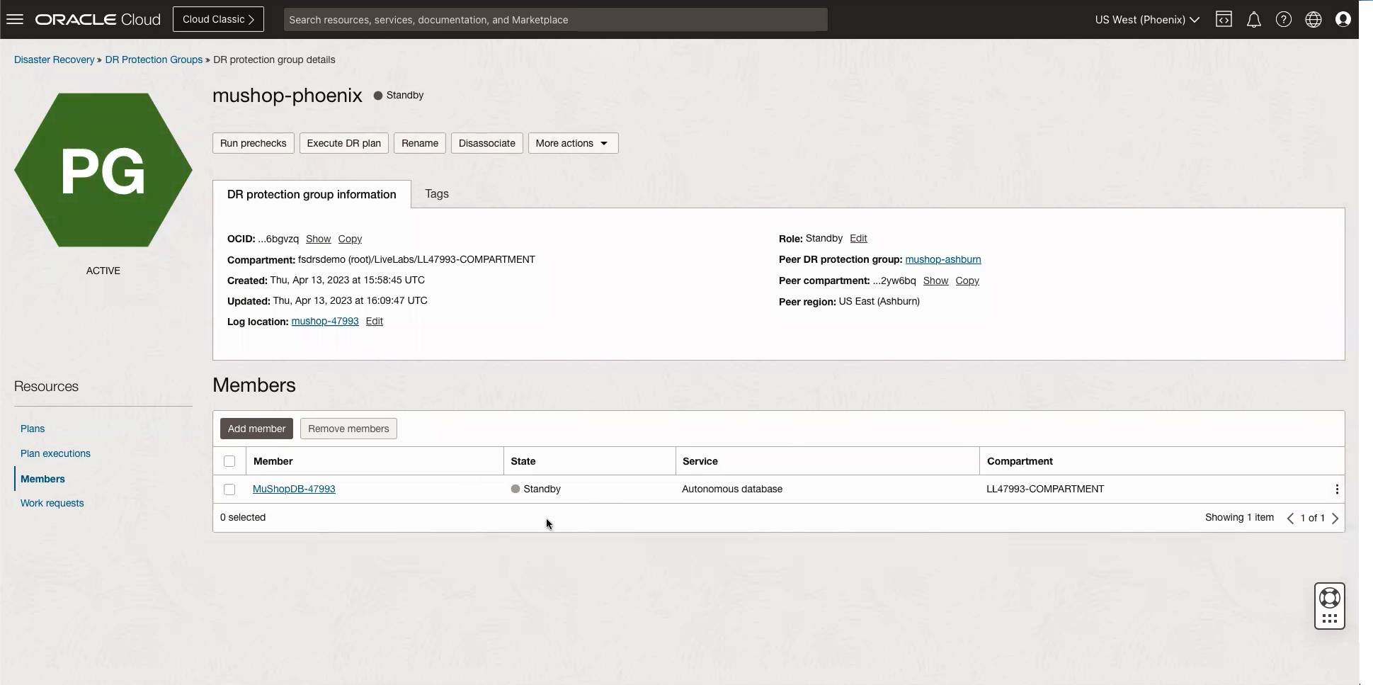 A screenshot of the Disaster Recovery Protection Group Details page, showing the members of the group in the secondary region.