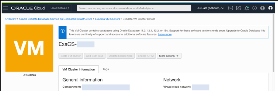 A screenshot of the Exadata VM Cluster Details page in the Oracle Cloud Console, showing the example VM.
