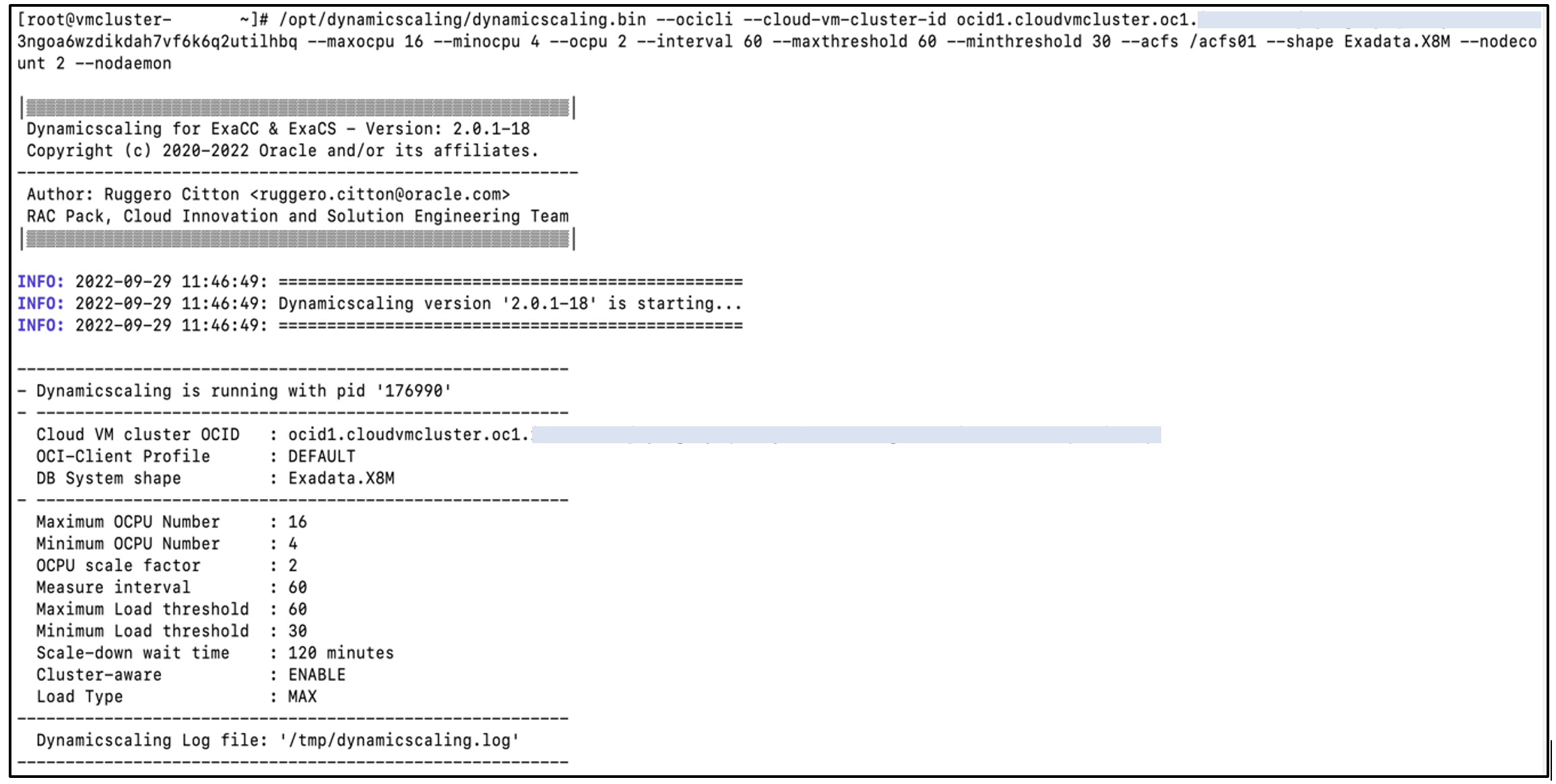 A screenshot of the code output for dynamic scaling with the given parameters.