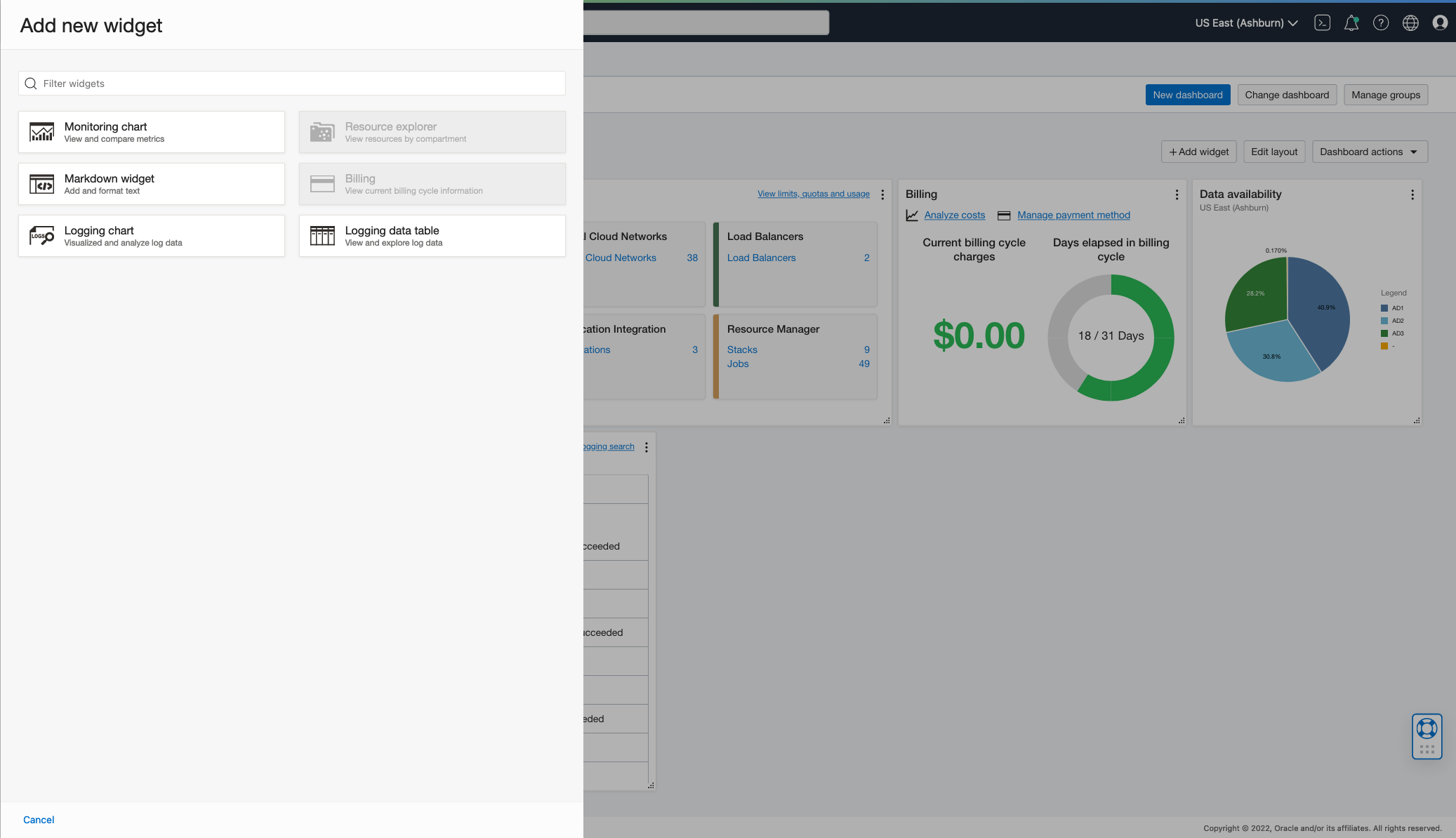 A screenshot of the Add New Widget window showing the six options for widgets.
