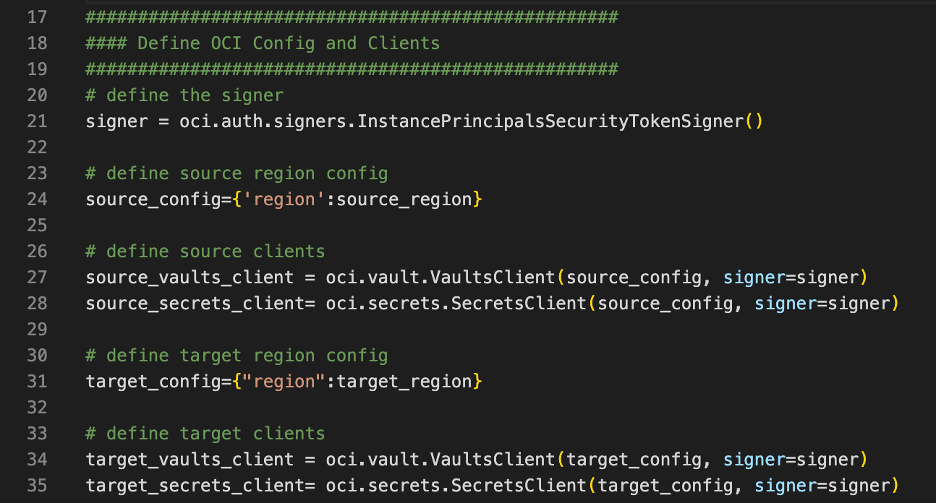 A screenshot of the code for defining the OCI configure and clients.