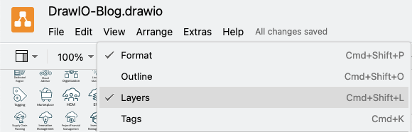A screenshot of the Draw.io showing the expanded menu with the option for Layers highlighted.
