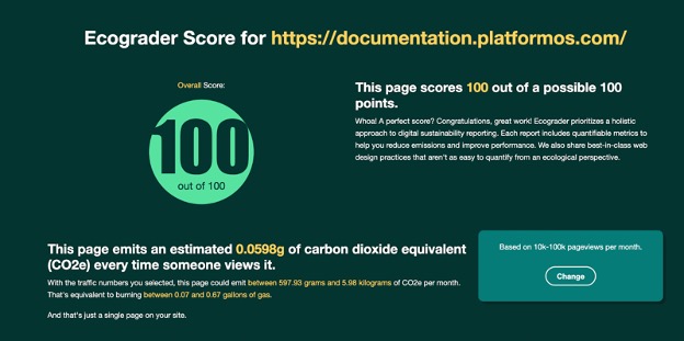 A screenshot of the ecograder sustainability score of the platformOS documentation running on OCI.
