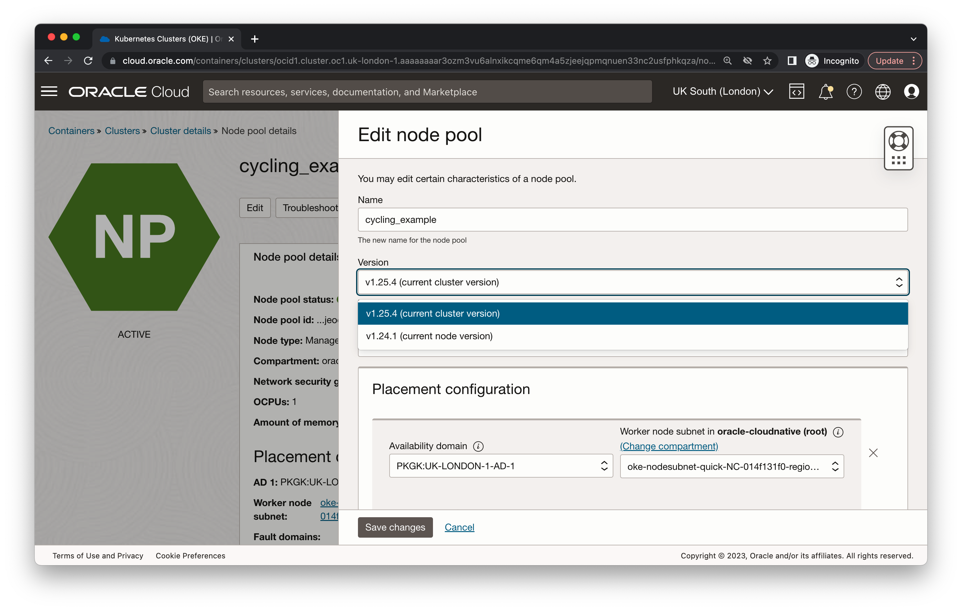 A screenshot of the Edit node pool with the menu for Version number expanded.