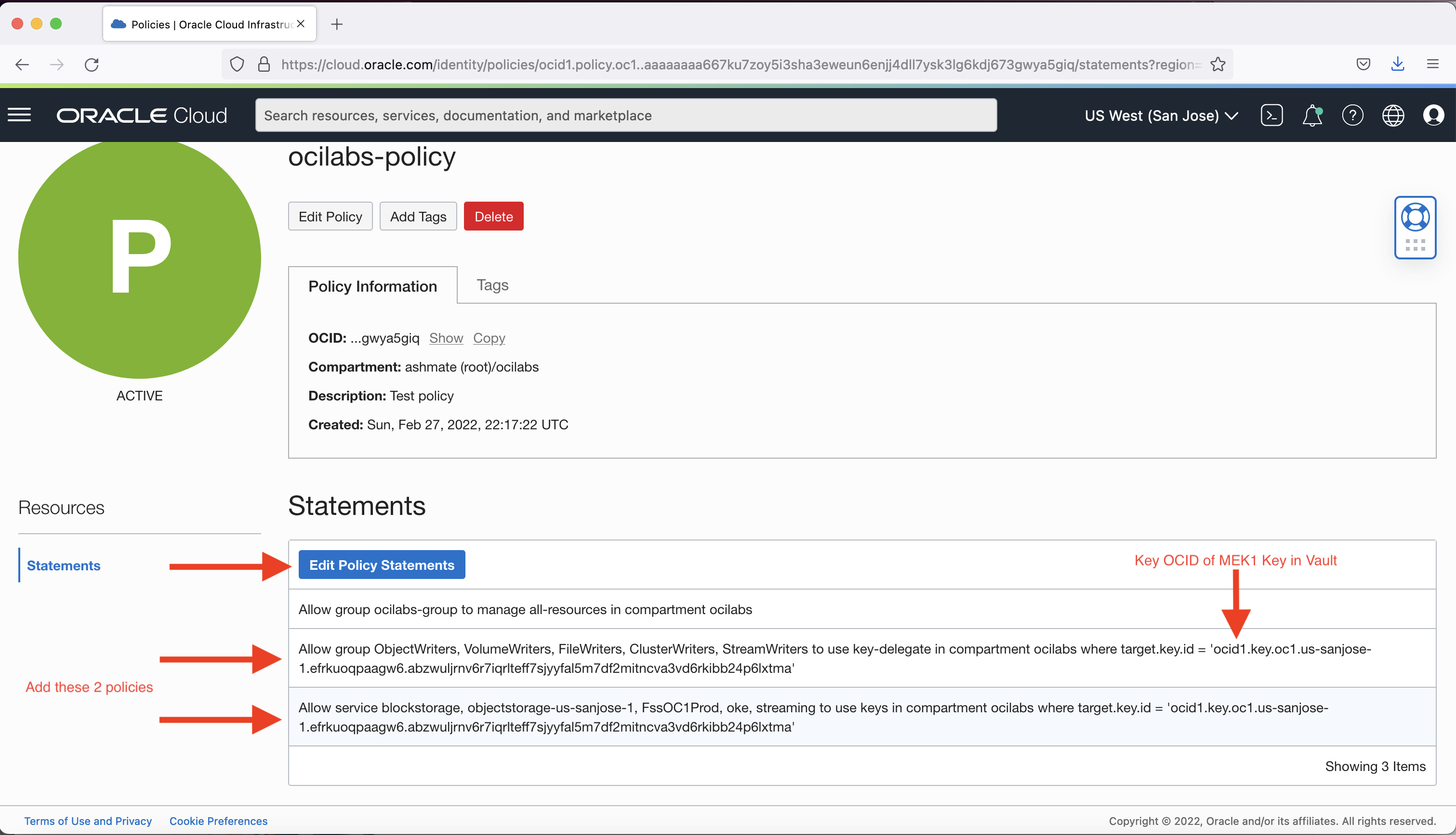 A screenshot of the ocilabs-policy details page with red arrows point to the Edit Policy Statements button and the added policies.