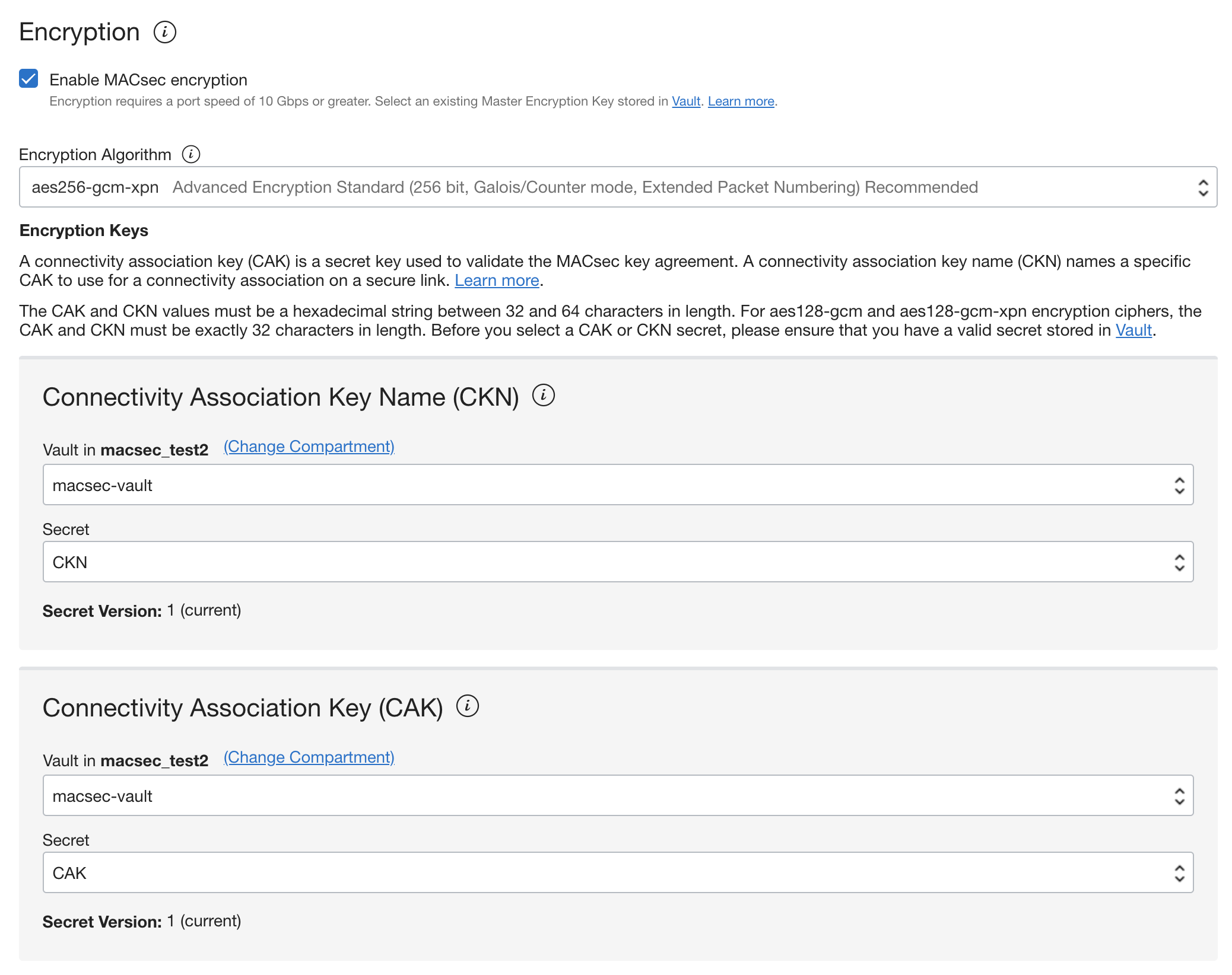 A screenshot of the Encryption screen with the details for the connectivity association key name and connectivity association key filled in.