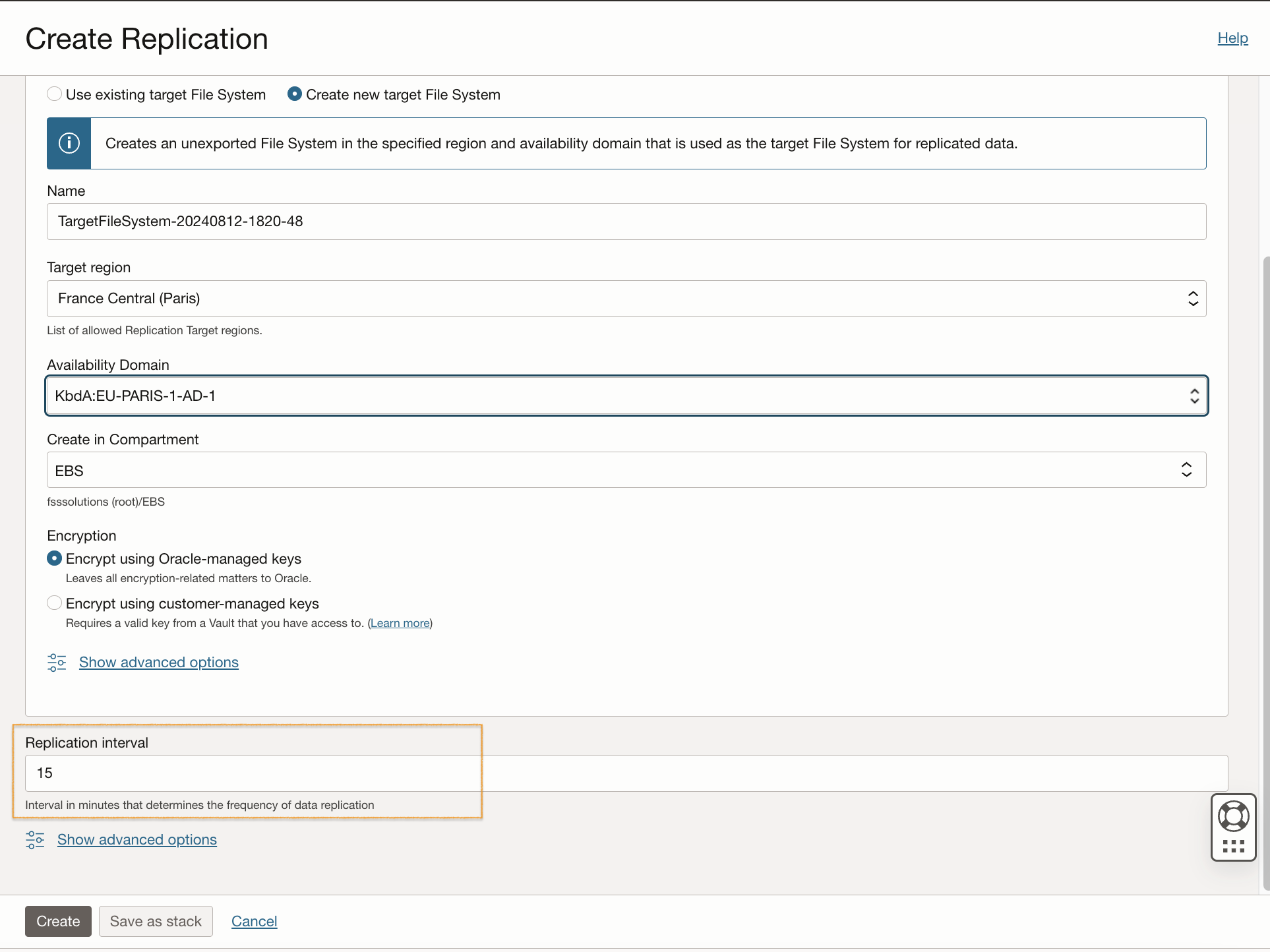 Figure 1: Creating a storage replication target with a 15-minute replication interval 