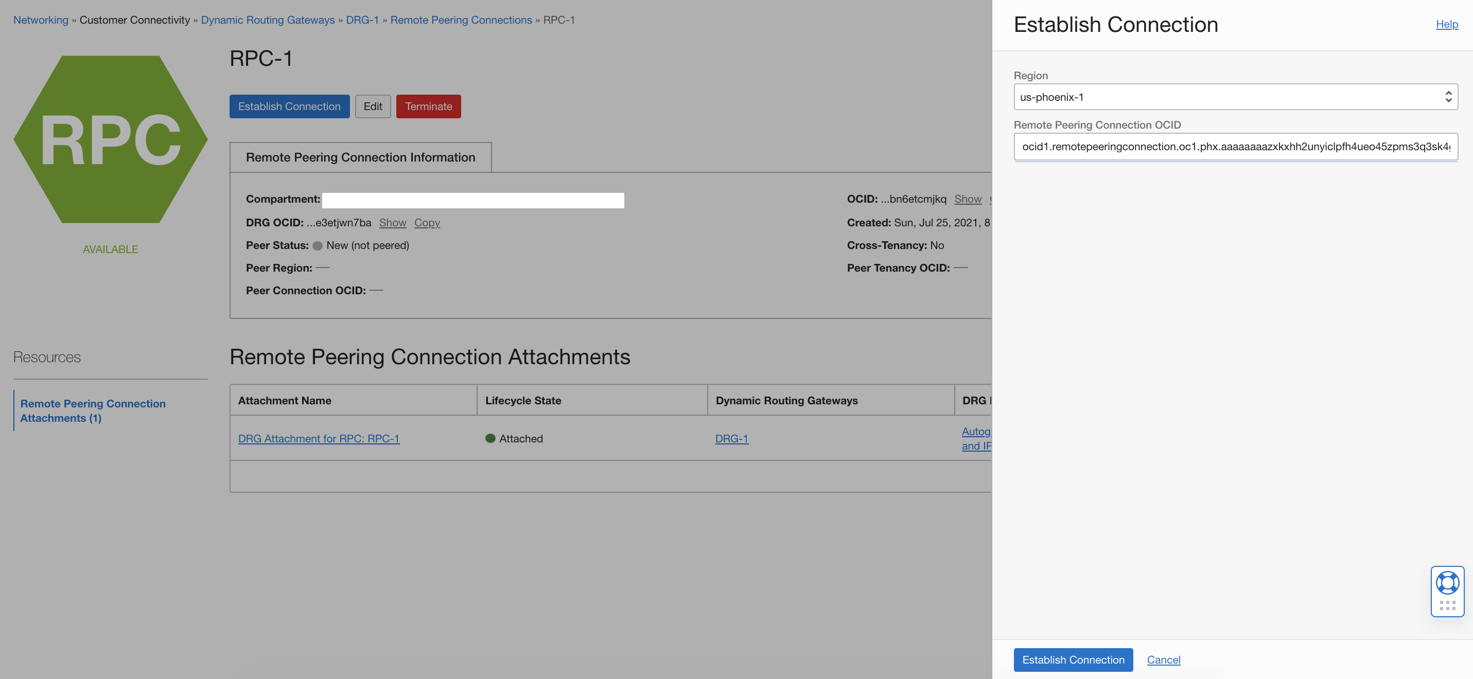 A screenshot of the Establish Connection screen in the Console with fields for region and OCID filled in.