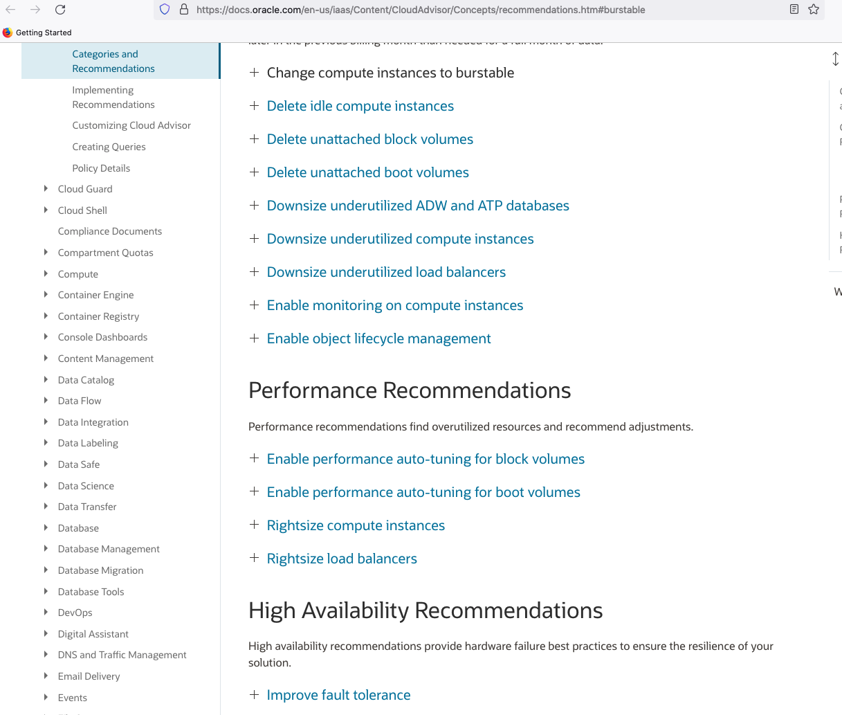 A screenshot of the menu for Categories and Recommemdations expanded.