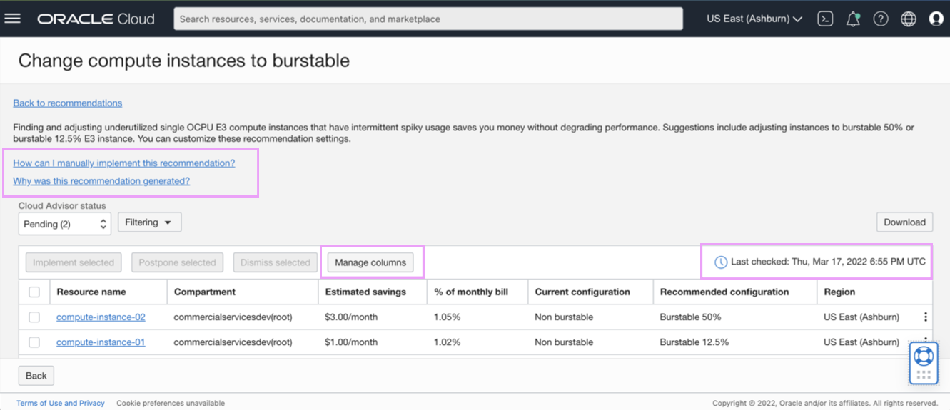 A screenshot of the Change compute instances to burstable page with the links for explanations outlined in purple.