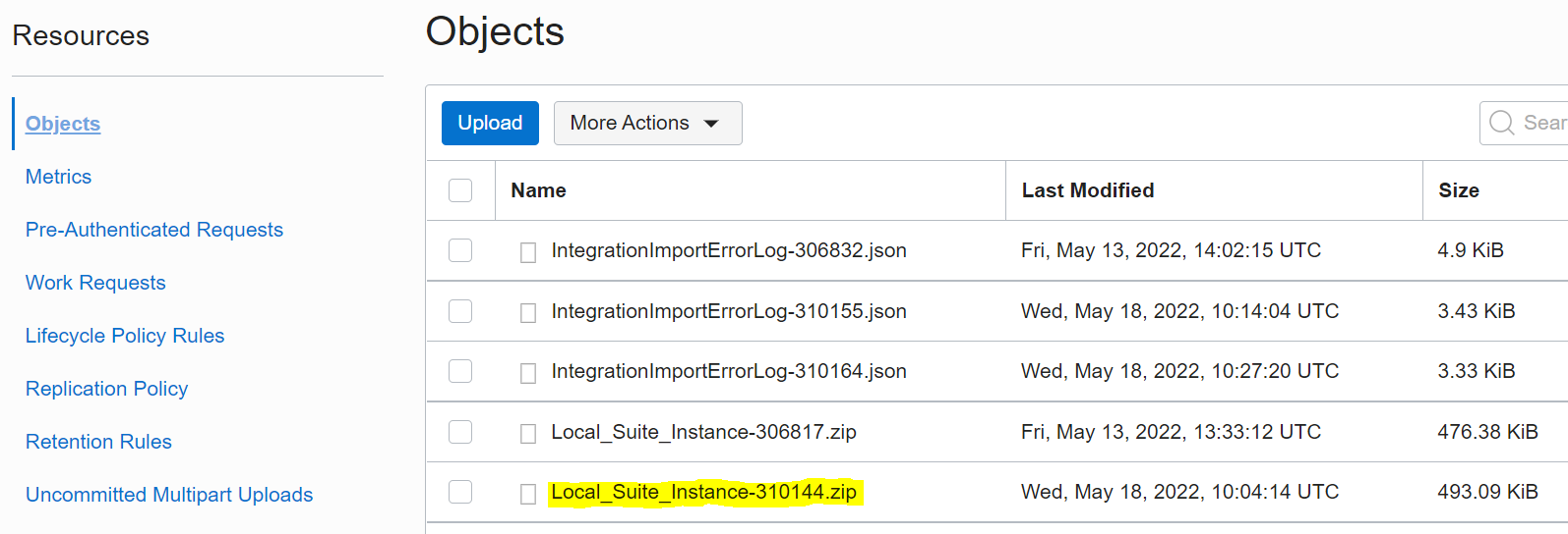 A screenshot of the Object page in the Console showing the OIC export archive bucket.