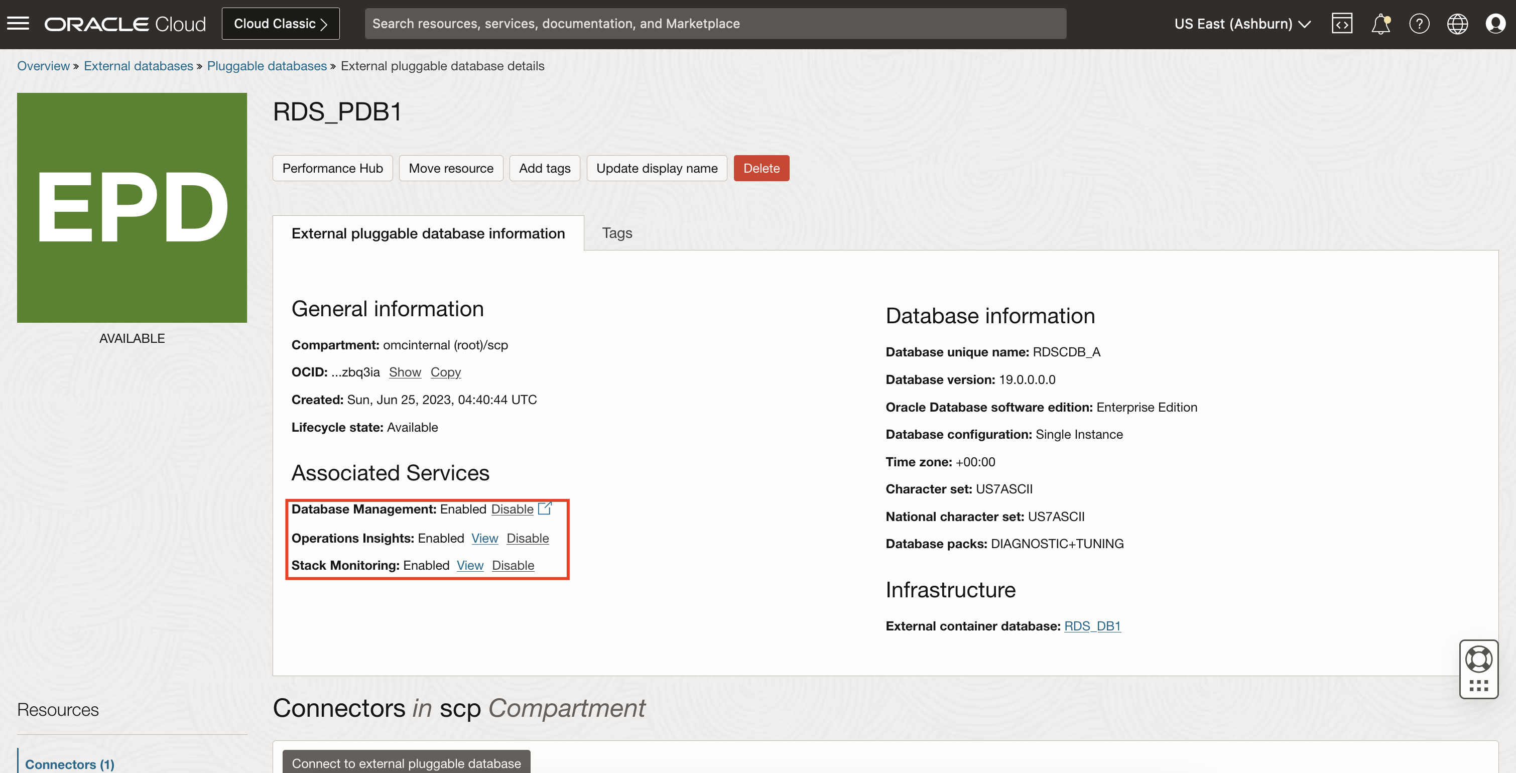 Enable Database Management and other services for PDB