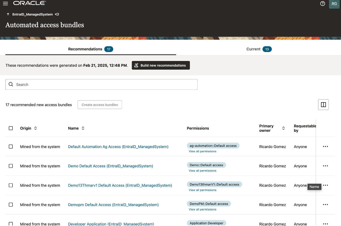 Dashboard for AI-powered access bundle creation and recommendation.