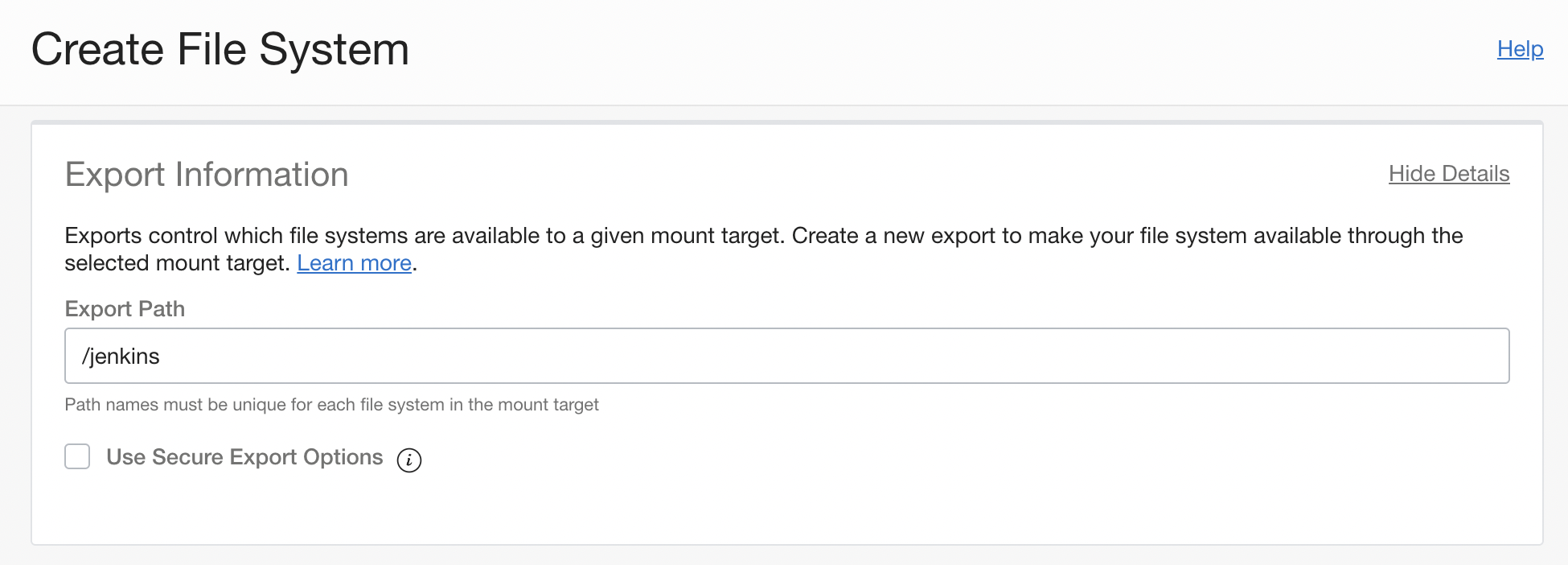 A screenshot of the Create File System page, showing the export path information.
