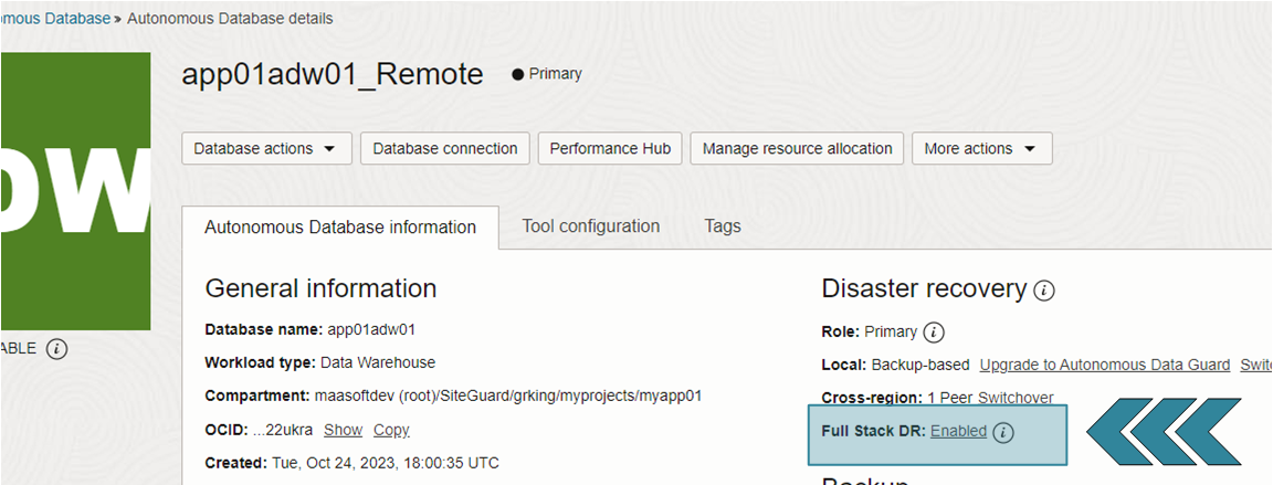 Screenshot 1: Autonomous Database console integration with Full Stack DR