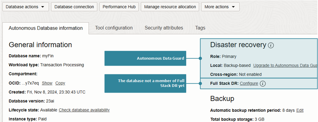 Figure 3: The resource details in this case show Autonomous Database is not a member of a Full Stack DR Protection Group.
