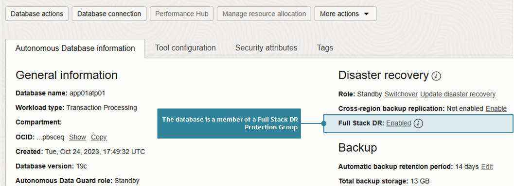 Figure 4: The resource details show that the Autonomous database is a member of Full Stack DR 