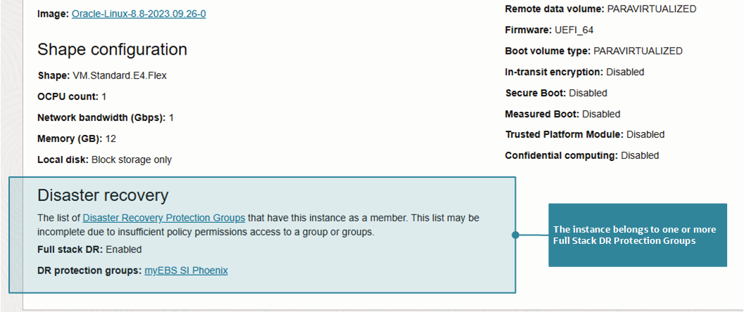 Figure 8: The resource details in this case show the instance is a member of a Full Stack DR Protection Group.
