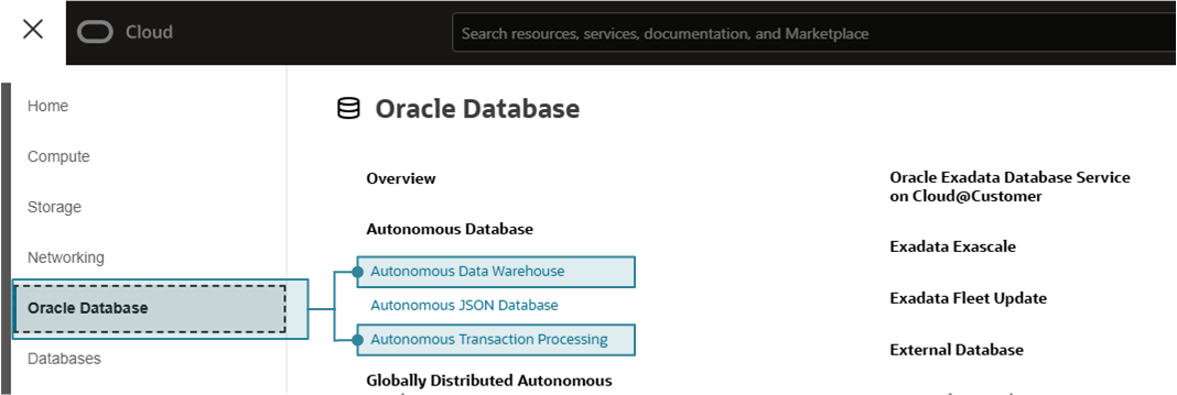 Figure 1: This shows the OCI console link used to navigate to the resource list page for Autonomous Database.