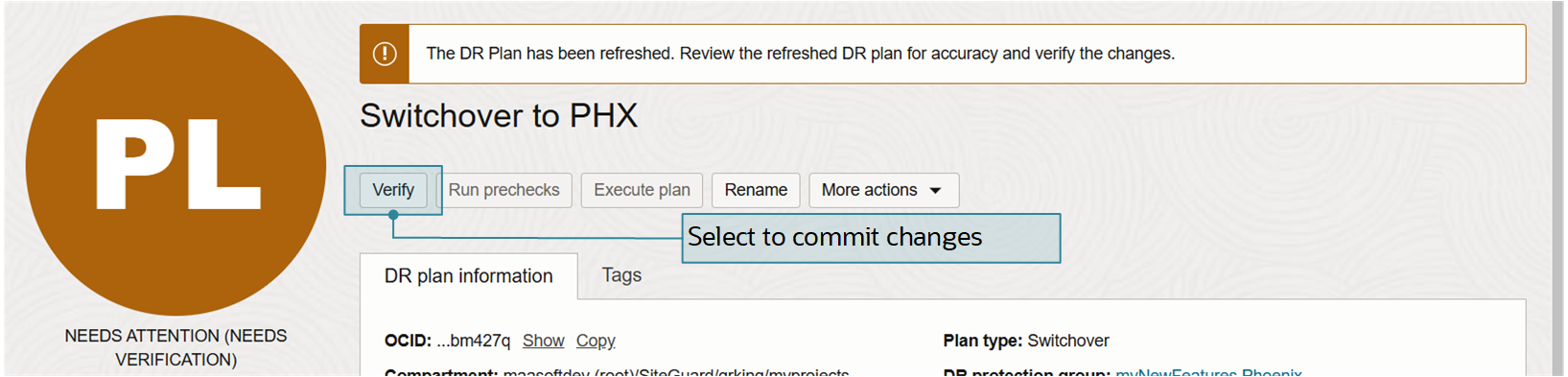 A Verify action button appears at the top of all DR Plans that have been refreshed.
