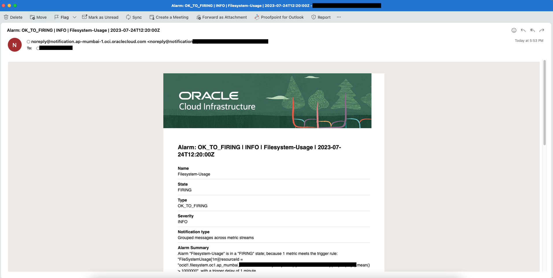 A screenshot of an example email notification sent when file system usage crosses 1 MB.