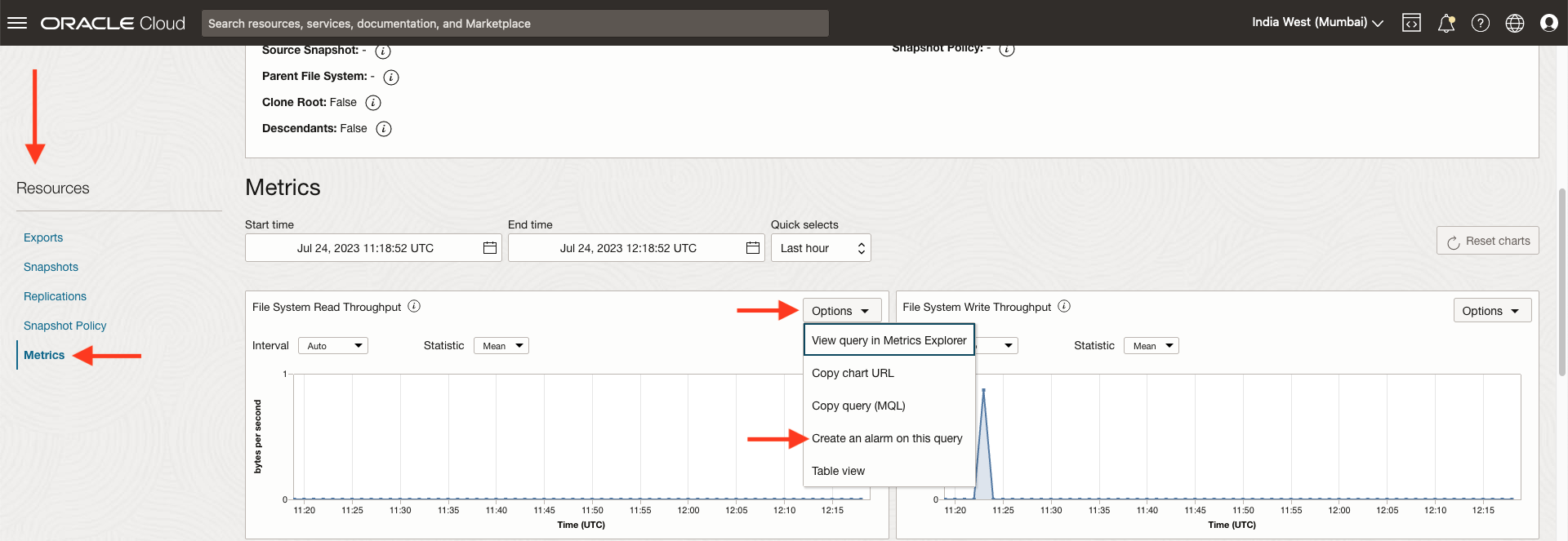 A screenshot of the Metric section of the Details page with red arrows pointing to the Resources menu, the Metrics option, the Options menu, and the Create an alarm on this query option with the option to view query in Metric Explorer highlighted.