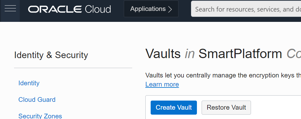 A screenshot of the Vaults page in the example container. 
