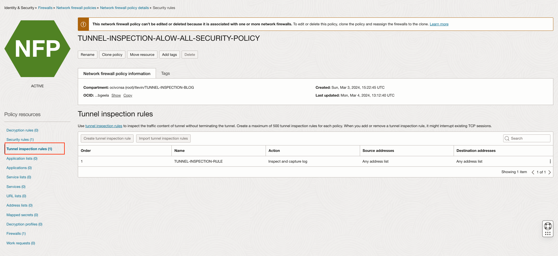 Figure 3: Tunnel inspection resource on the security rules details page.