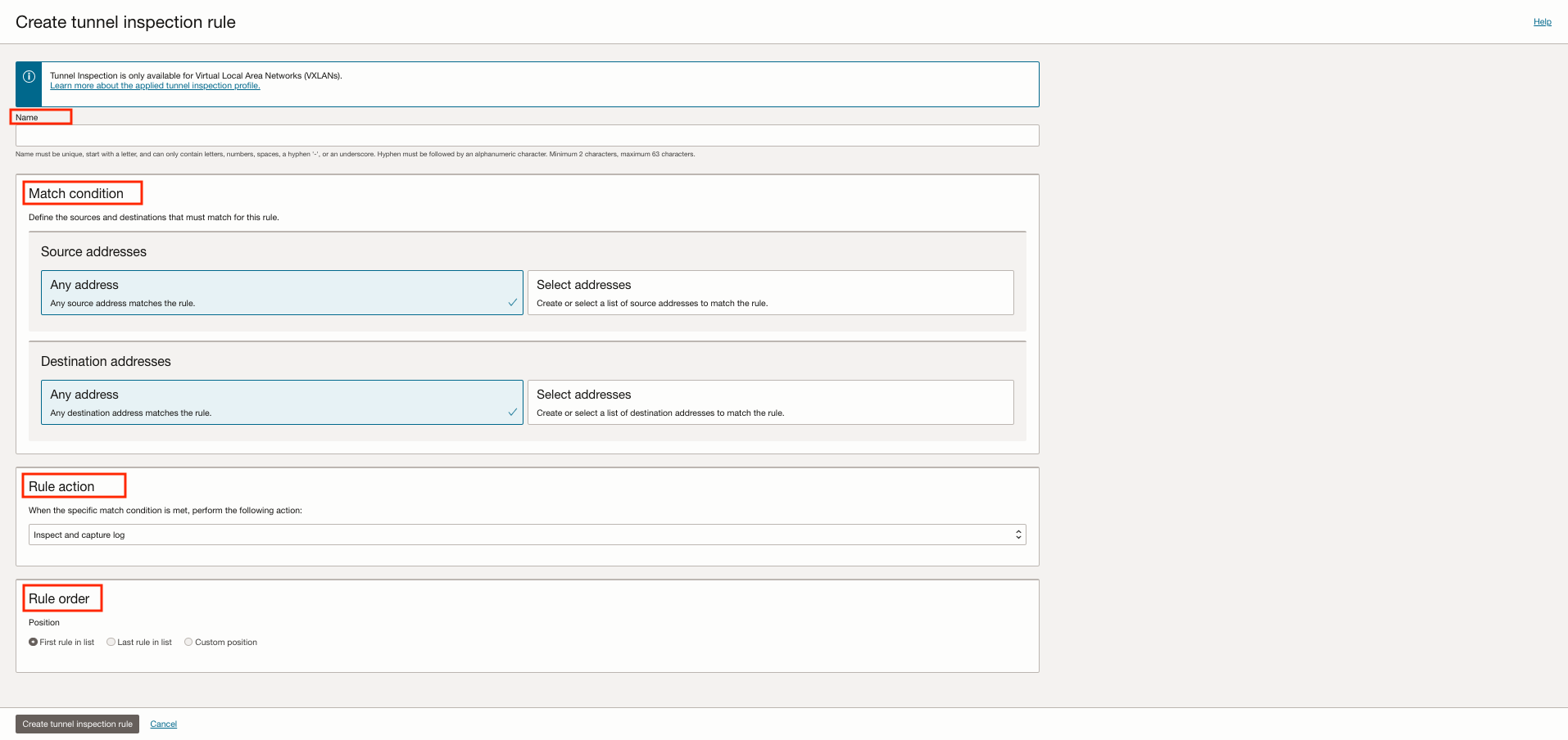 Figure 4: Tunnel inspection rule creation